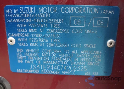 2007 Suzuki Grand Vitara Xsport from USA, damaged, VIN JS3TE944074202325